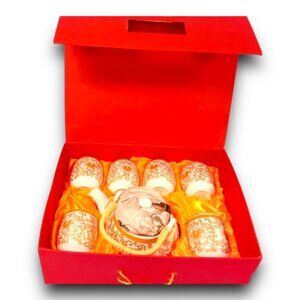 Elegant Gold Cream Chinese Tea Set 6 Cups Teapot In Red Gift Box NIB Traditional